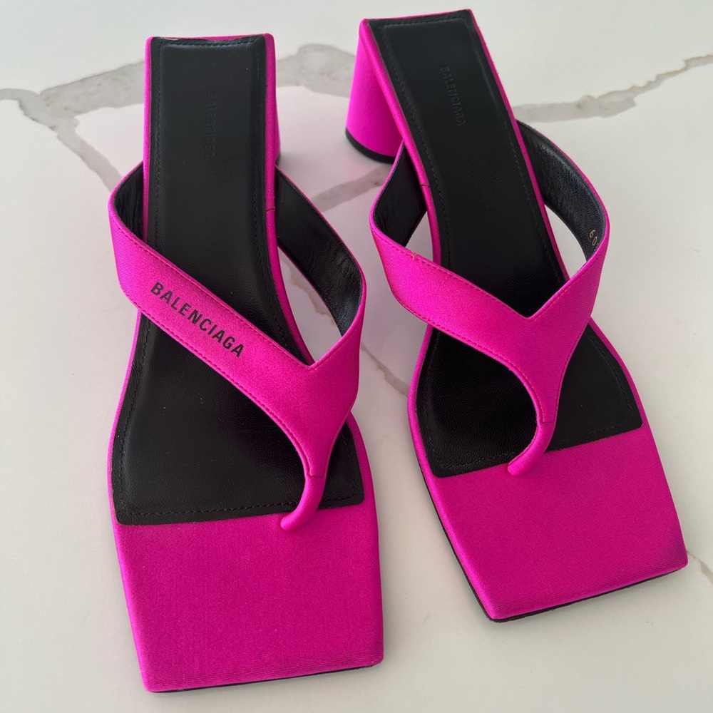 Balenciaga Hot Pink Satin Square Toe Thong Flip Flop Sandal Heels 603525